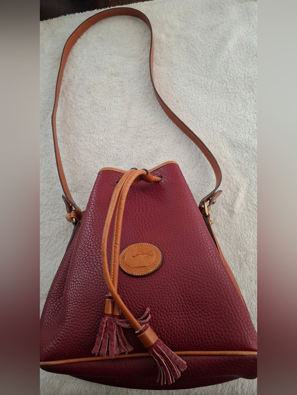 Dooney & Bourke Burgundy and Brown Pebbled Leather Drawstring Shoulder Bag - Picture 2 of 10